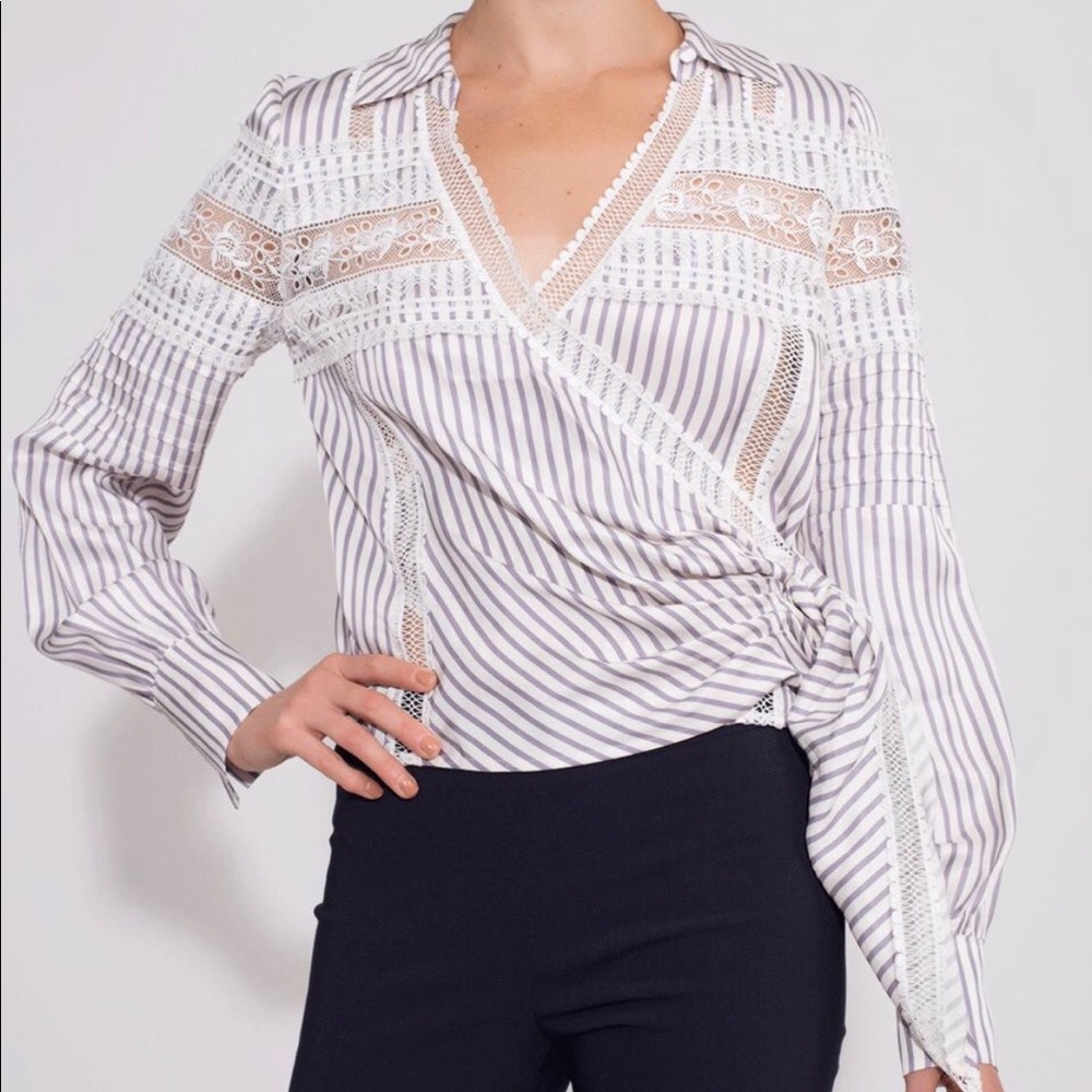 Self-Portrait White and Light Gray Striped Lace-Trim Wrap Blouse